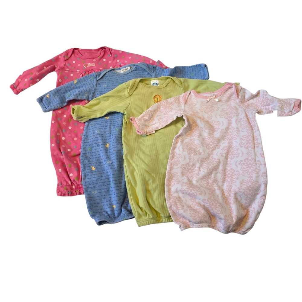 Lot of‎ 4 Baby Sleep Gowns Pink Blue Green Floral Polka Dot Lion Size 0-6M